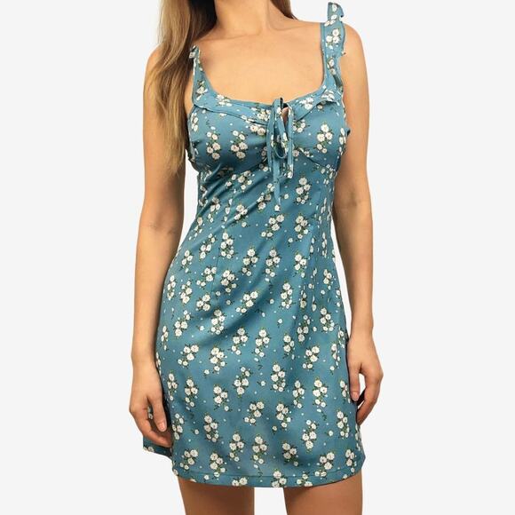 Nasty Gal Floral Mini Dress Size 4 Blue Sleeveless Ruffle Girlcore Summer - Picture 1 of 4